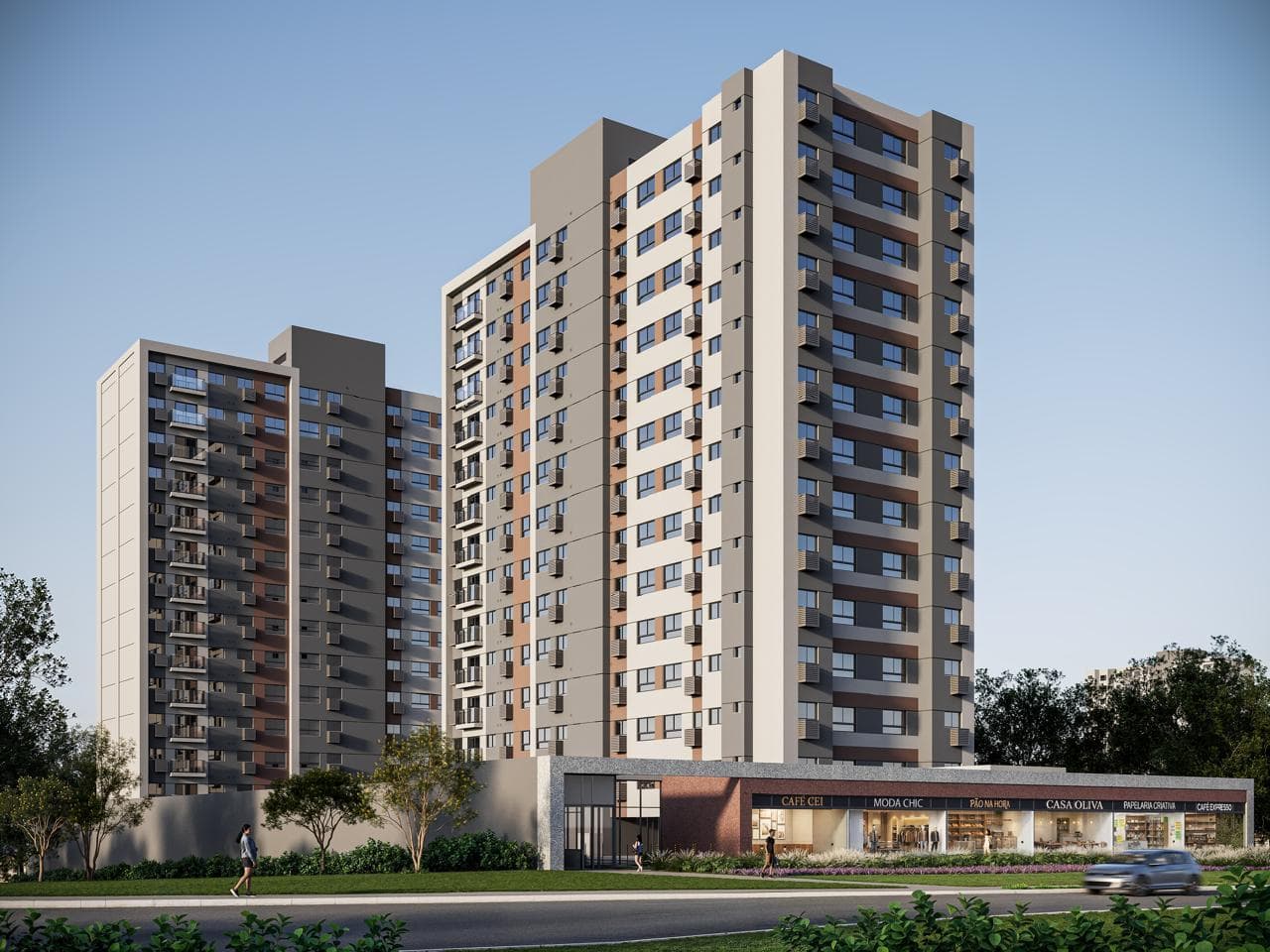 Fachada do Residencial Vitta, vista frontal das torres